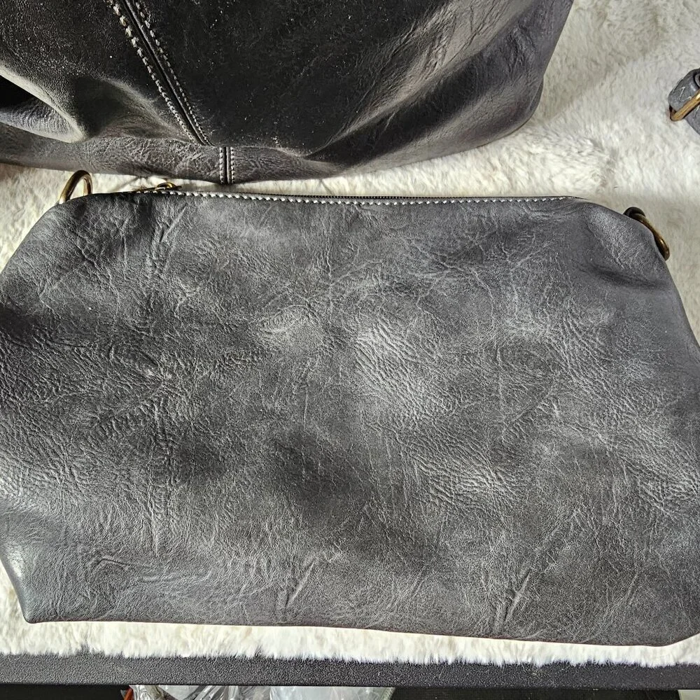 NWOT Black Gray Faux Leather Hobo Bag w/ Makeup Bag Crossbody